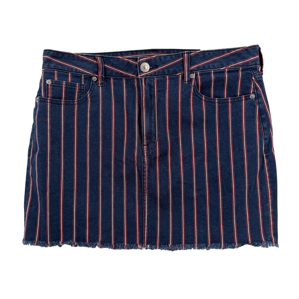 American Eagle Skirt Womens 16 Blue Red Stripe Hi-Rise Mini Super Stretch Denim